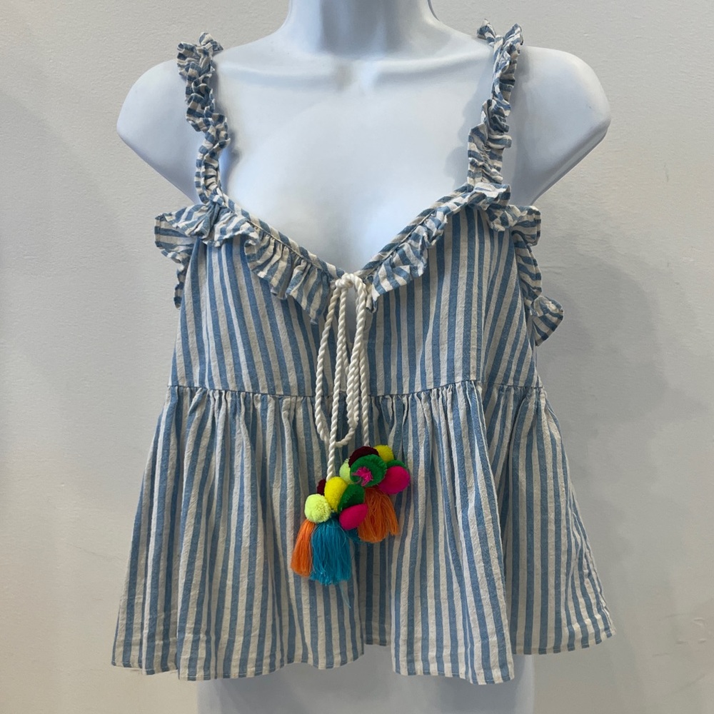 Zara TRF Blue White Striped Tank Top